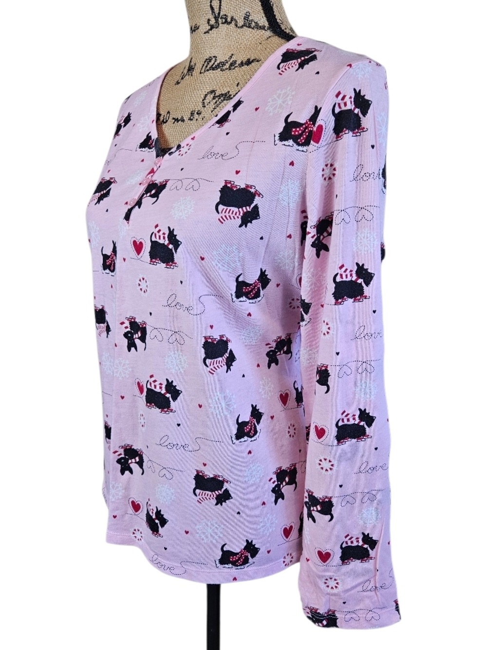 Pink Long-Sleeve Henley Pajama Top with Scottie Dog Print